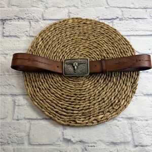 Bed Stu Men's Brown Leather Belt w/Texas Longhorn Bull Buckle. Western. Cowboy.